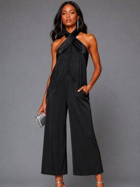 NWT Rachel Zoe Black Fringe Halter Satin Crepe Jumpsuit – Size 12